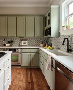 Will I Still See the Grain on Painted Cabinets? 1 sage-green-austin-kitchen-cabinet-painting-in-benjamin-moore-oil-cloth-with-grain-on-painted-cabinets-filled