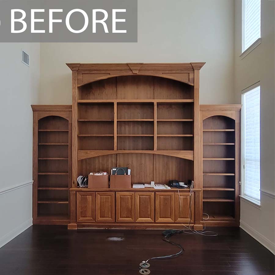 Built-in bookshelves and cabinets in red oak BEFORE cabinet painting built-in-bookshelves-and-cabinets-in-red-oak-before-cabinet-painting