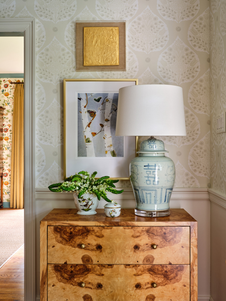 A lovely little corner, against the foyer's Galbraith and Paul "Lotus" wallpaper.