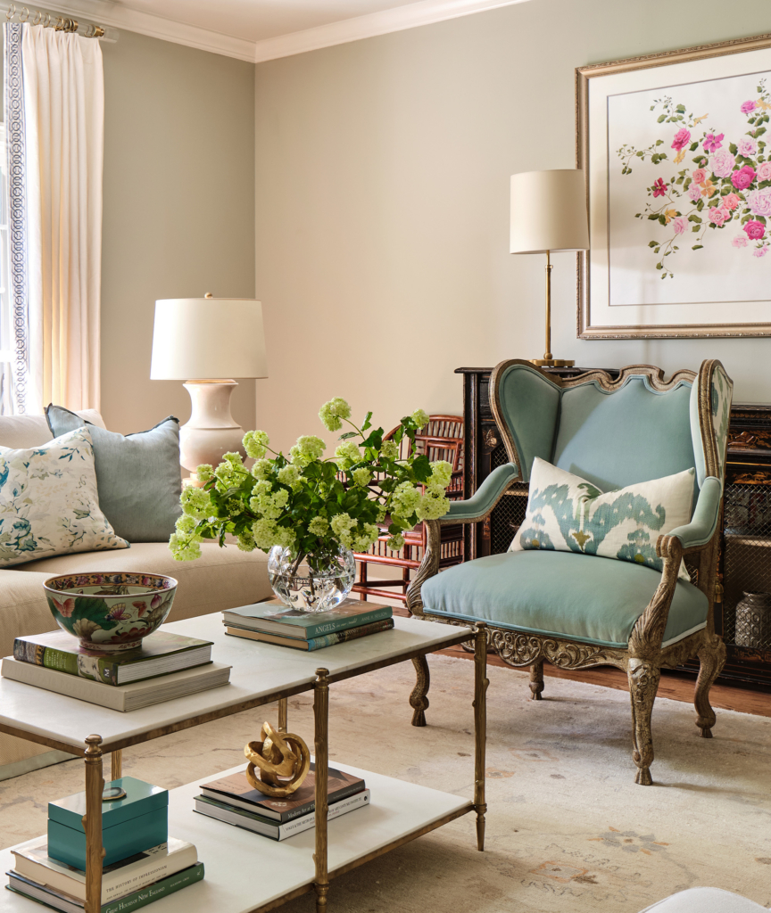 The sculptural chairs are a focal point in this elegant living room.