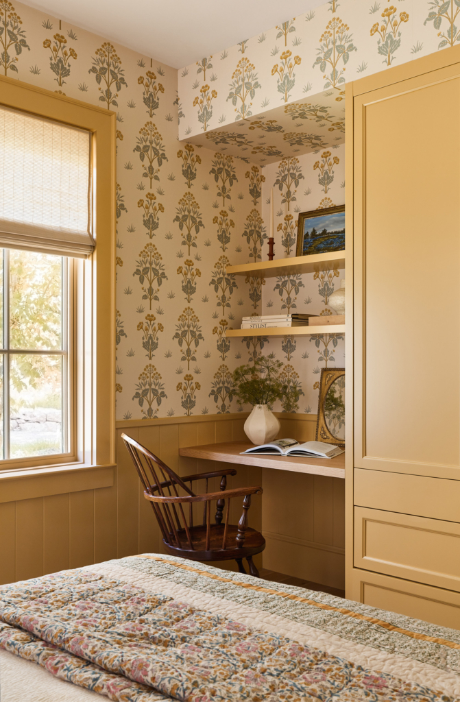 Love the built-in desk space!  Woodwork in "Sudbury Yellow", Morris & Co. "Meadow Sweet" wallpaper.