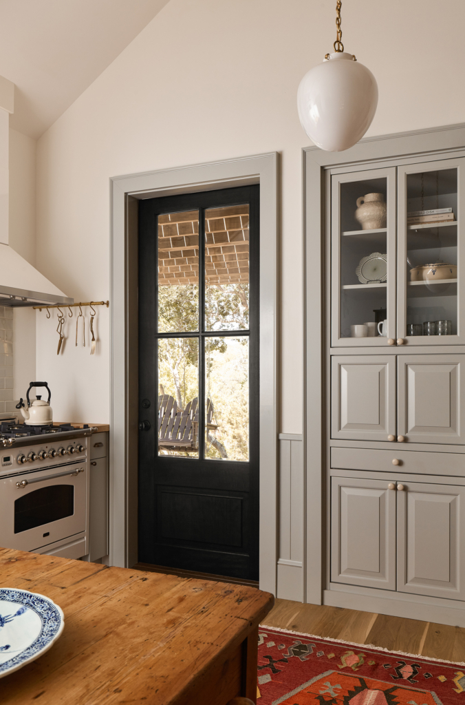 Casita kitchen and pantry, SW "Alabaster" walls and Farrow & Ball "Mizzle" woodwork.
