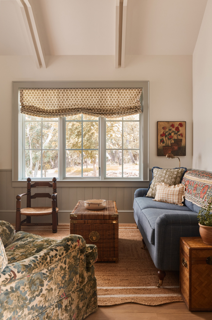 Casita living room walls in SW "Alabaster", wainscot in Farrow & Ball "Mizzle".