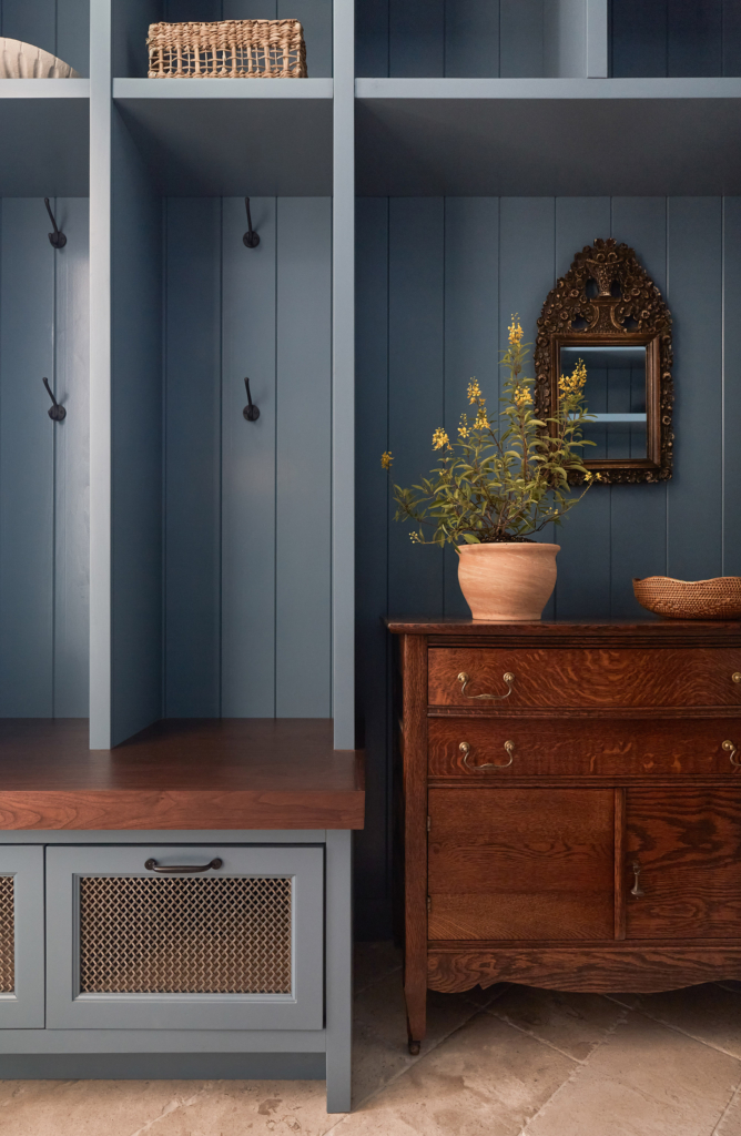 Mudroom walls, paneling, and cabinets painted in SW "Blustery Sky".