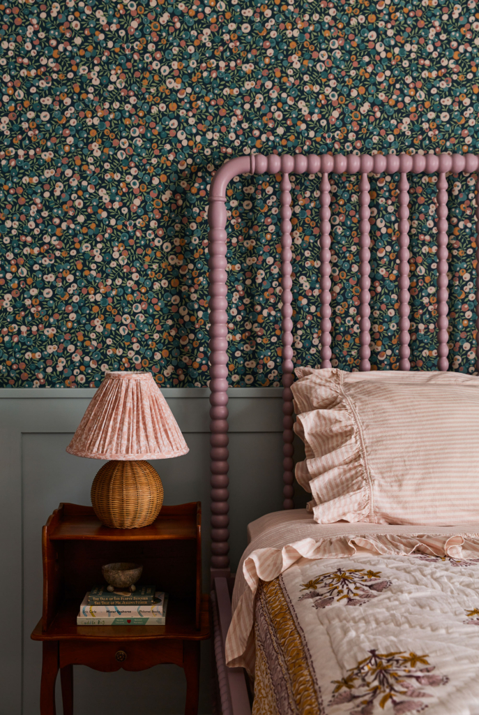 Guest room "Liberty of London" wallpaper with painted wainscot woodwork in Farrow & Ball "Dix Blue".