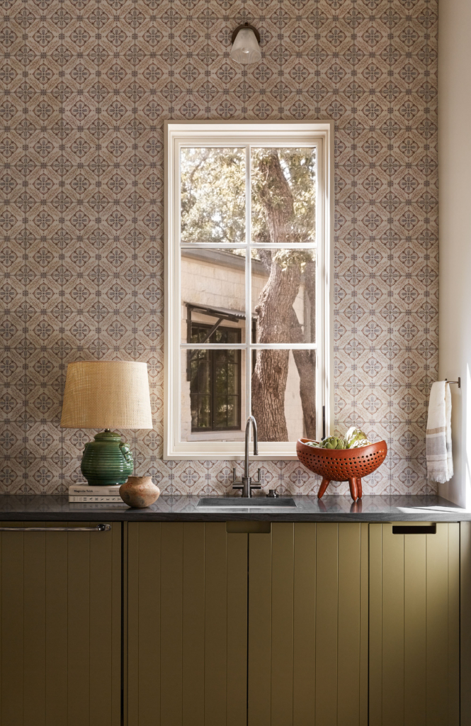 Butler’s pantry walls in SW "Alabaster", cabinets in SW "Olive Grove".