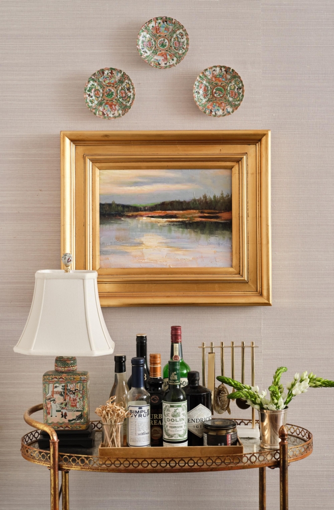 A closer look at the gray wallpaper with pink undertones we installed in the elegant dining room.