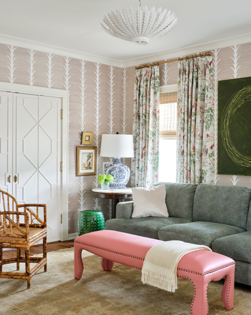 We love the subtle yet playful wallcovering in the family room.  It's actually a printed grasscloth!