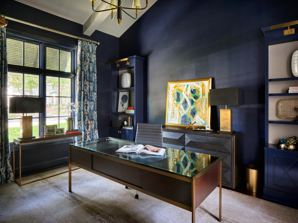 "Deep Royal Blue" by Benjamin Moore brings depth and sophistication to this Alamo Heights home office.