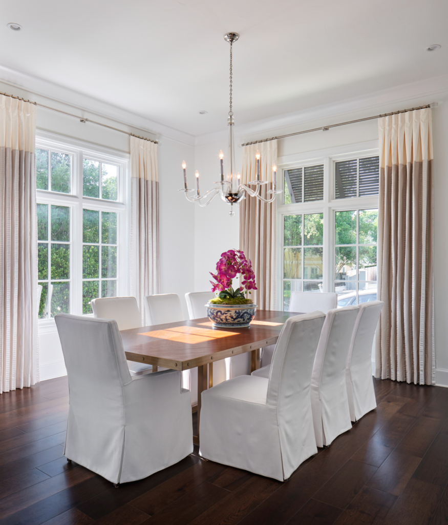 Dining room makeover in Alamo Heights, painted in Sherwin Williams "Pure White".