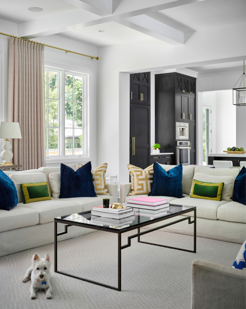 A cozy and stylish living room in Alamo Heights. Walls in Sherwin Williams "Pure White", with a glimpse to the kitchen's black cabinetry beyon. Even the family doggie approves! Painted with care by Paper Moon Painting.