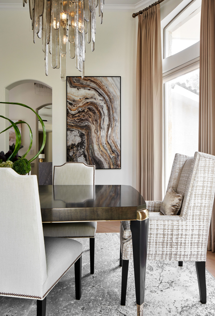 Soft, muted tones in the dining room, an excellent example of transitional design.