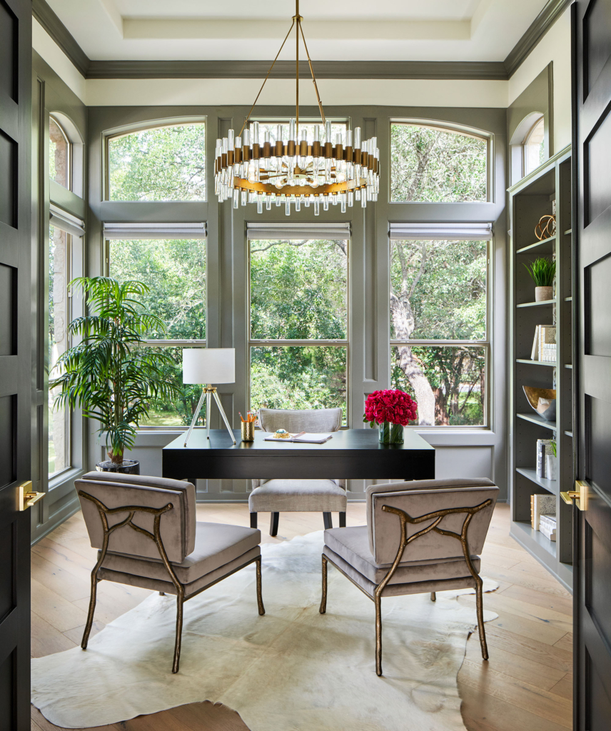Stylish home office with all woodwork painted in Benjamin Moore "Chelsea Gray".