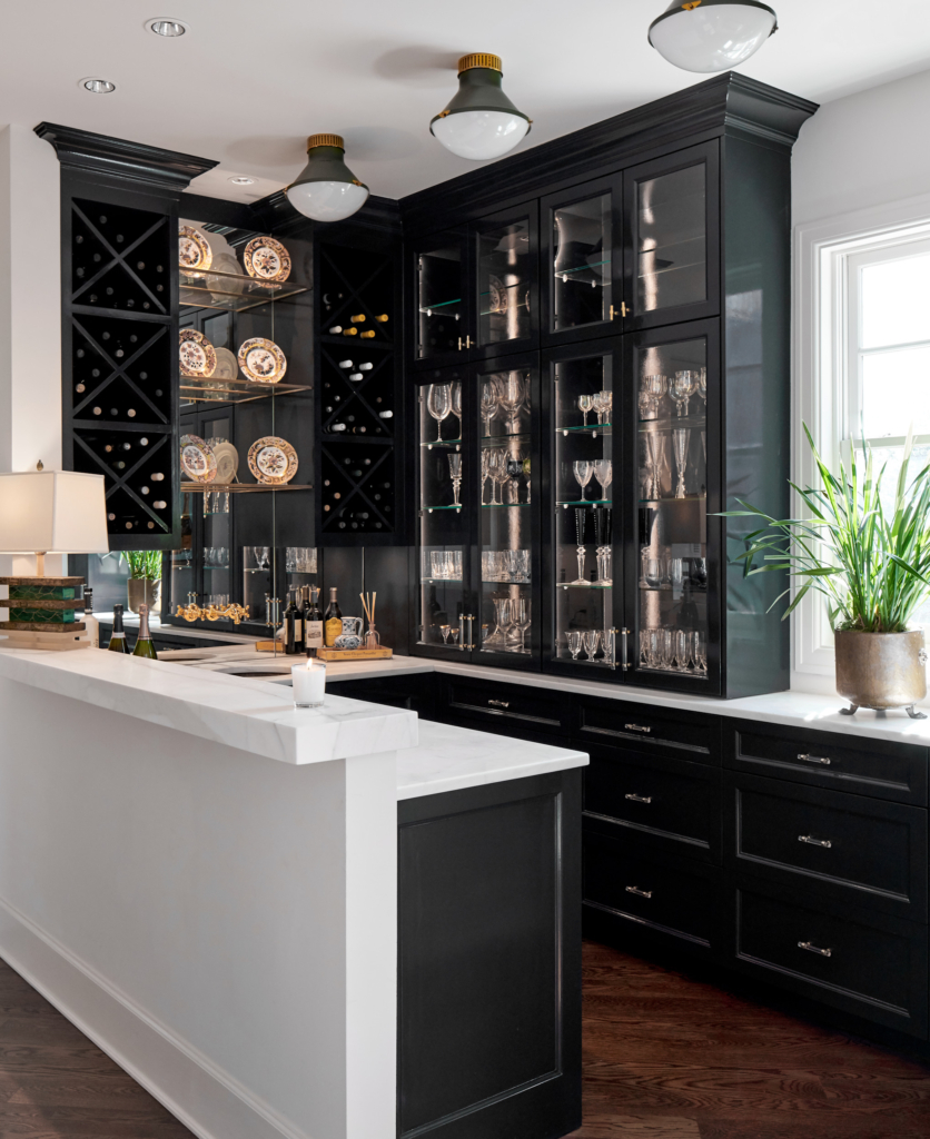 Home bar cabinets are finished in a high-gloss lacquer in Sherwin Williams "Tricorn Black"