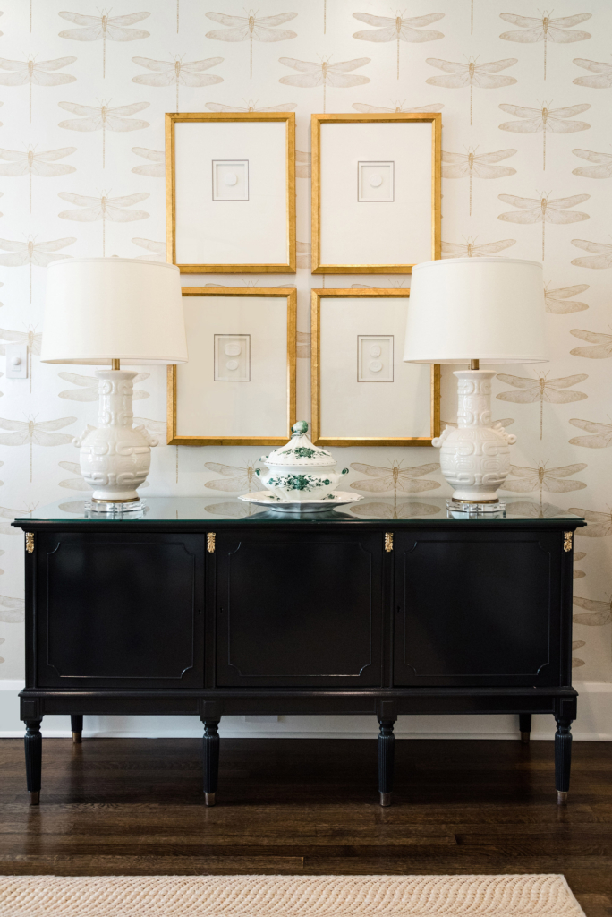 Classic styling in the dining room's console area.