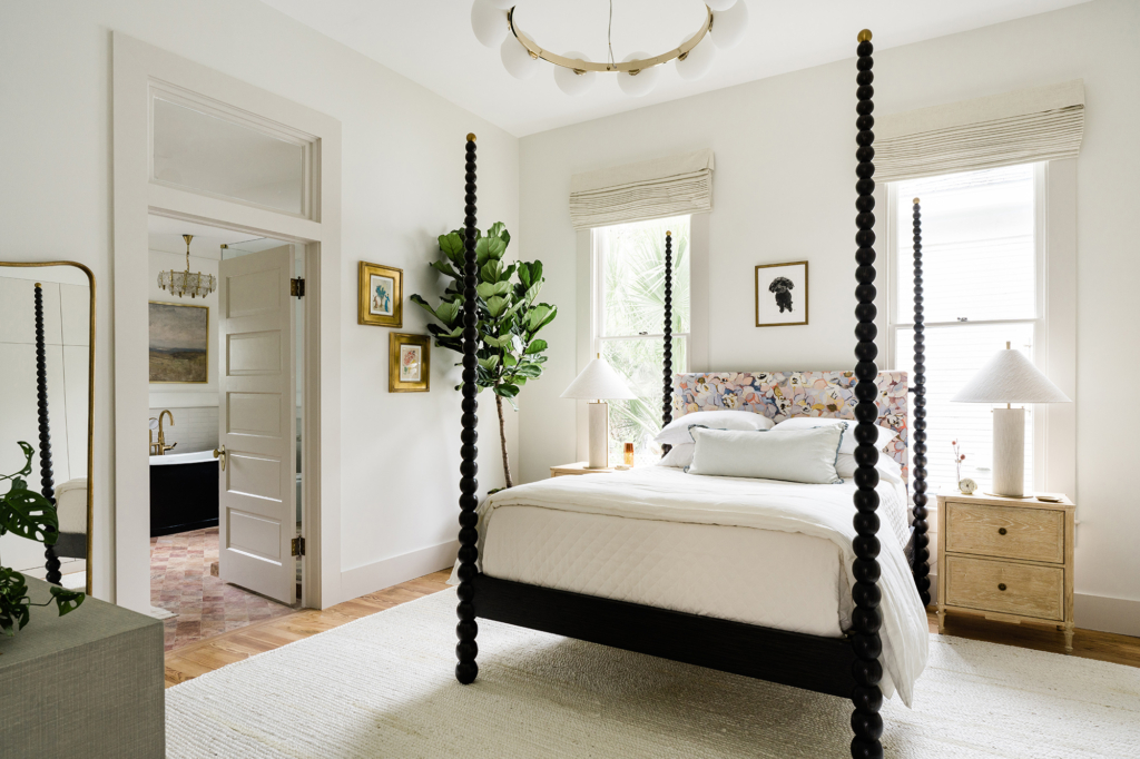 Julian Chichester bed in a serene primary bedroom, with walls painted in Farrow & Ball "All White".