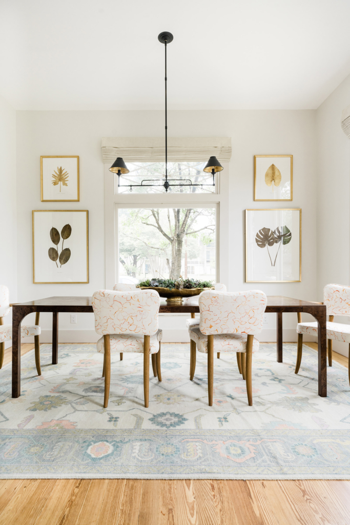 A fresh, open dining room in a historic San Antonio home, painted in Farrow & Ball “All White”.