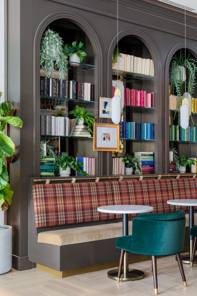 Built-in bookshelves painted in Sherwin Williams Urbane Bronze.