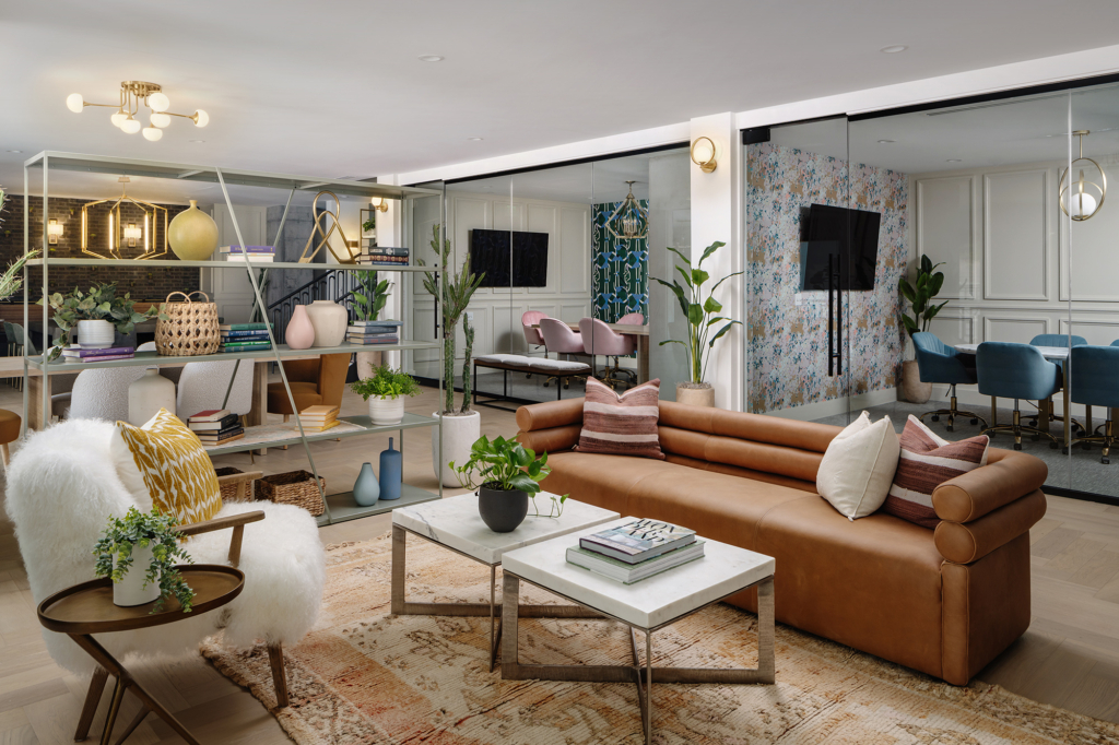 Break-out conference rooms showcase "Pufflower" and "Holly Green" wallpapers by Kristy Stafford.