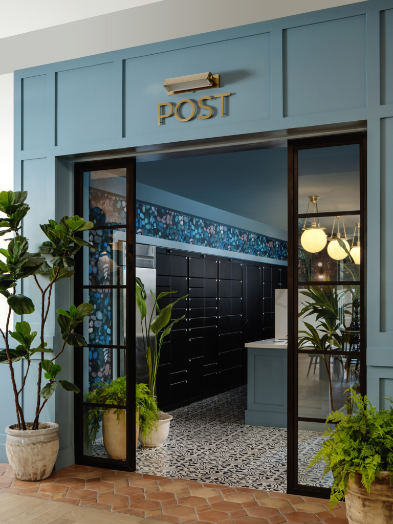 The mail room features "Swallowtail Jungle Evening" wallpaper by Flat Vernacular.