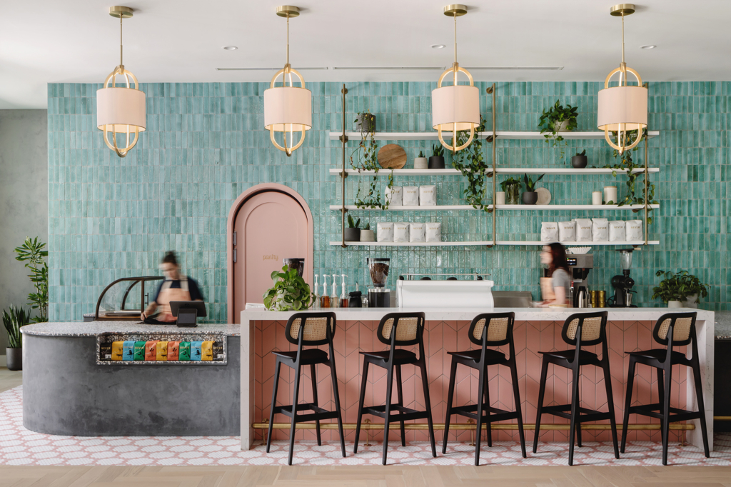 Vibrant colors energize the coffee bar in one of the primary lounge areas.