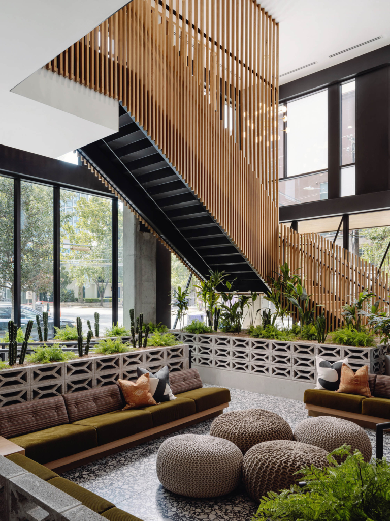 A full view of the stunning lobby stairwell and seating area.