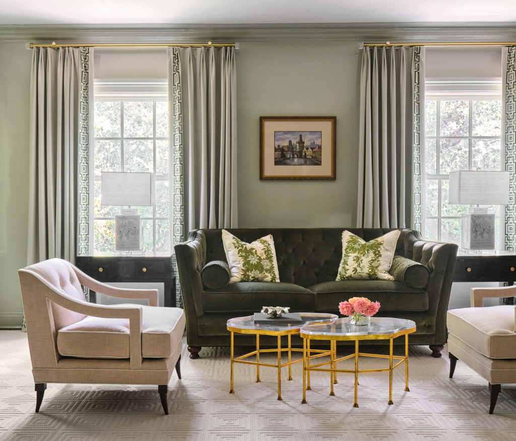 Bedroom sitting area with walls and woodwork finished in Farrow & Ball "Mizzle" in high gloss.