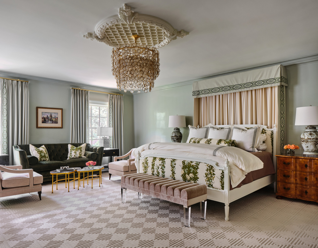 Traditional primary bedroom with walls and woodwork painted in Farrow & Ball "Mizzle" in high gloss.