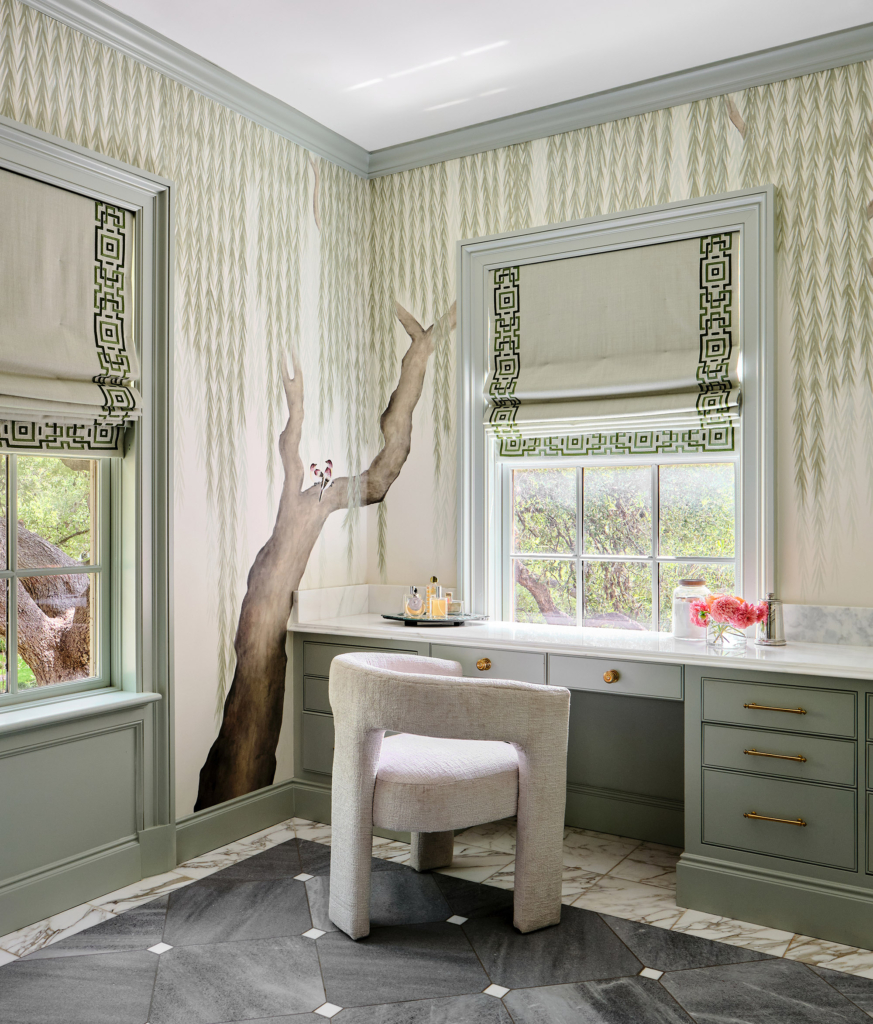 Vanity in primary bath with DeGournay wallpaper, woodwork painted in Farrow & Ball "Mizzle".