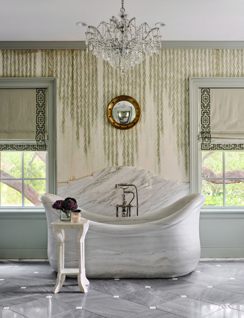 Primary bath with DeGournay wallpaper, woodwork painted in Farrow & Ball "Mizzle"