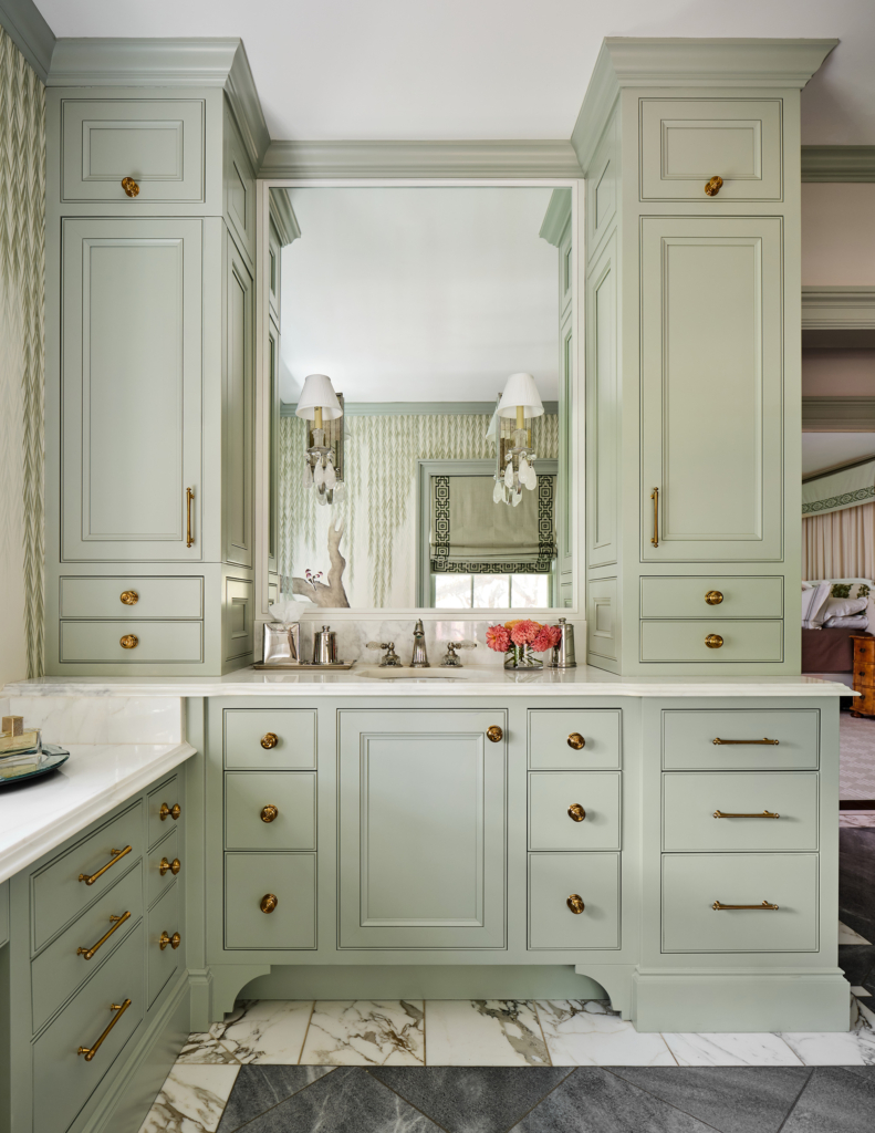Cabinetry in primary bath painted in Farrow & Ball "Mizzle".