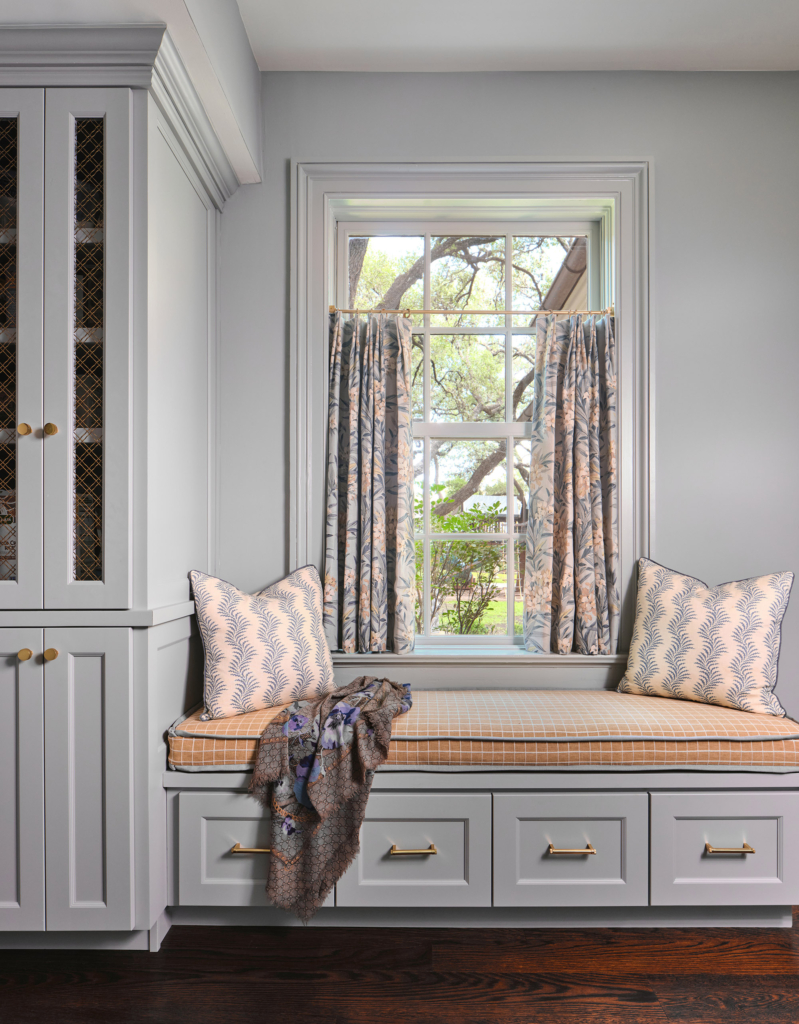 Window seat with walls and cabinets in Farrow and Ball "Borrowed Light"