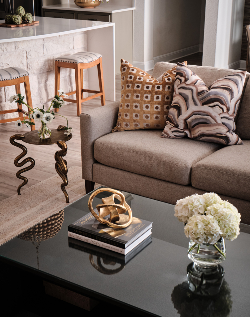 Coffee table styling in the cozy, elegant living room.