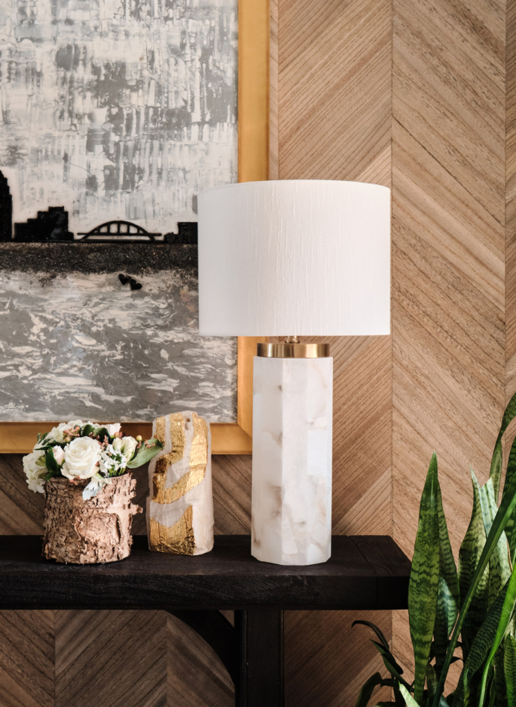 Close-up of the intricate chevron pattern in Thibaut's "Inyo" wood veneer wallcovering.