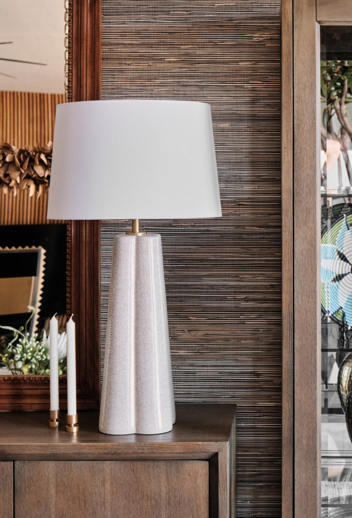 Close-up of Thibaut's "Stablewood" grasscloth wallpaper in the dining room.