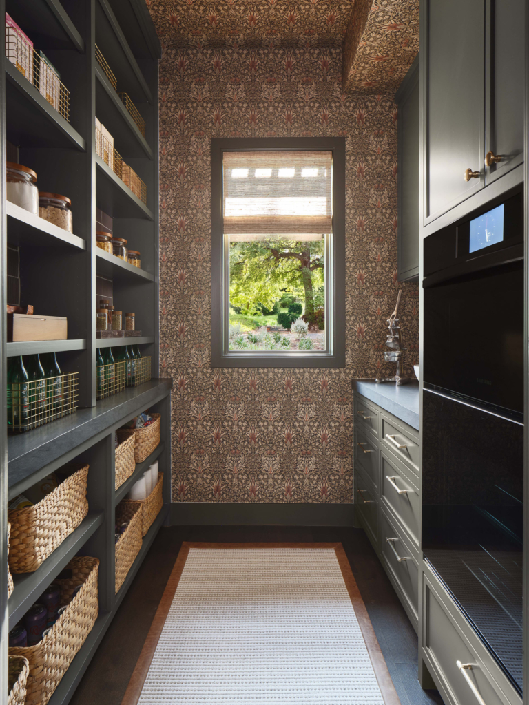 Butler’s pantry featuring William Morris "Snakeshead" wallpaper, part of House Beautiful Whole Home 2025 in Austin, designed by Sara Malek Barney.