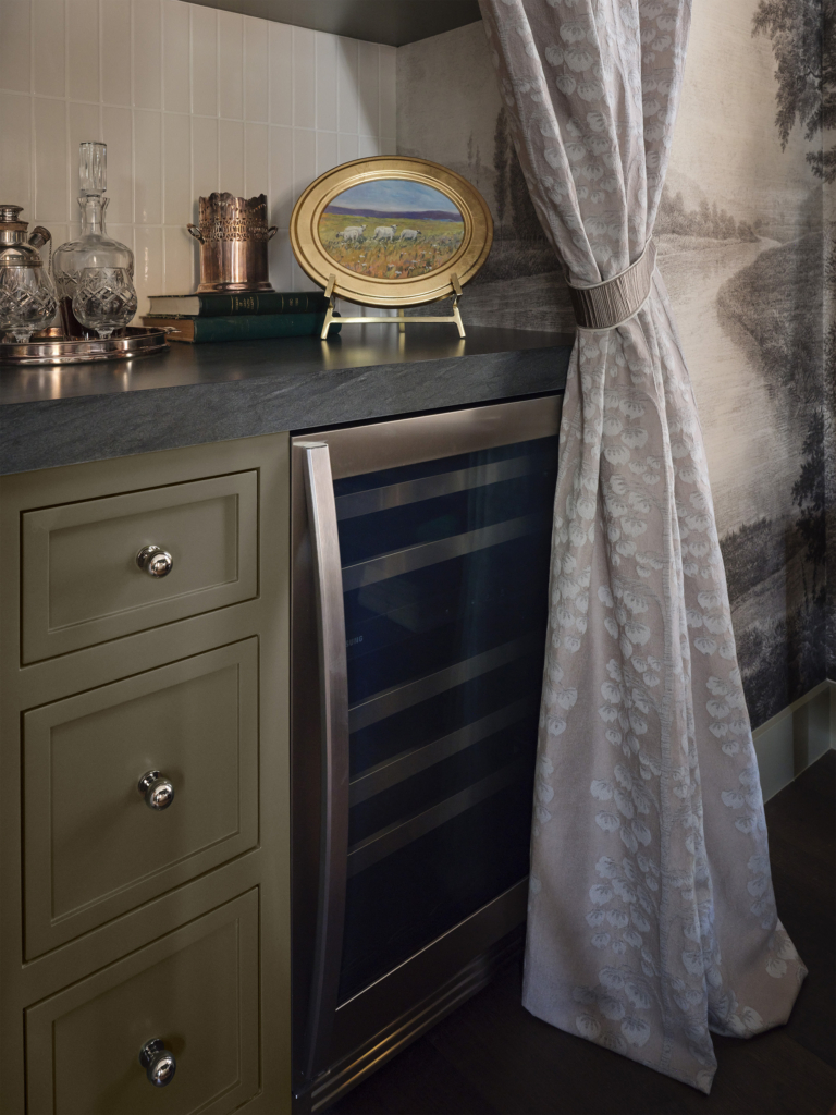 Primary master bedroom draped bar niche adorned with Phillip Jeffries "Vista" in Meadow grisaille landscape wallpaper mural, featured in House Beautiful 2025 in Austin, designed by Kathy Kuo. A subtle yet striking design element that adds depth and character to the space.