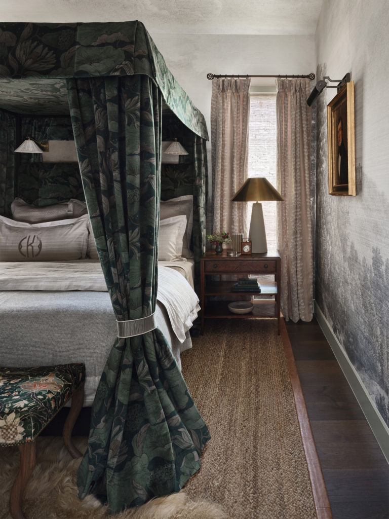 Primary master bedroom featuring Phillip Jeffries "Vista" in Meadow grisaille landscape wallpaper mural, side table detail, from House Beautiful 2025 in Austin, designed by Kathy Kuo. A serene and artistic focal point that elevates the space.