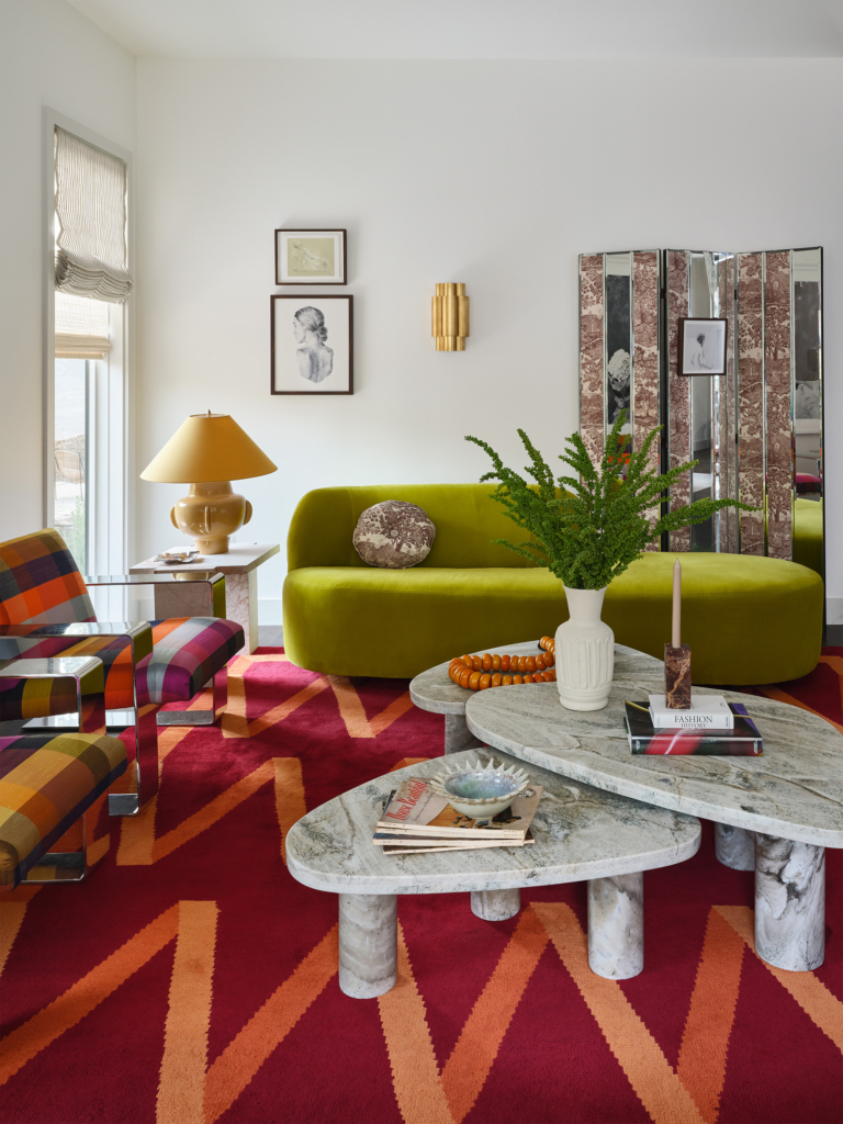 Mid-century inspired living room from the House Beautiful Whole Home 2025 in Austin, designed by Kim Lewis.